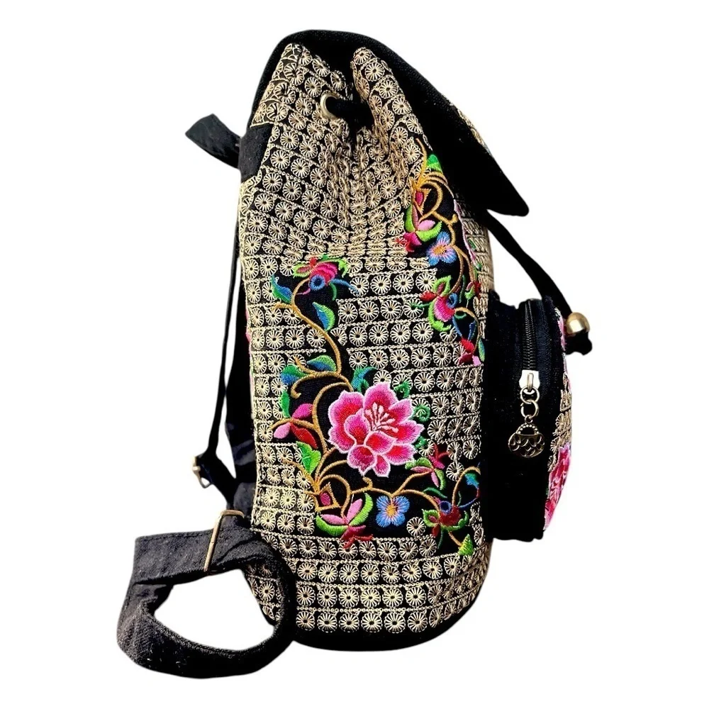 Boho Hippie Gypsy Embroidered Art to Wear Floral Cinch Sack Backpack Handbag